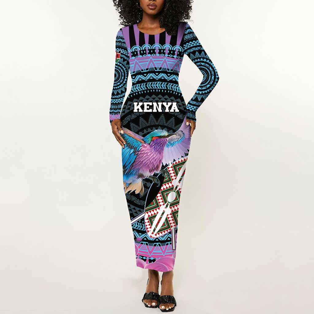 Personalised Kenya Lilac Breasted Roller Long Sleeve Bodycon Dress Orchid Flower - African Pattern