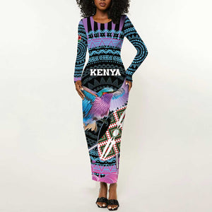 Personalised Kenya Lilac Breasted Roller Long Sleeve Bodycon Dress Orchid Flower - African Pattern