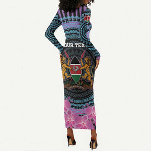 Personalised Kenya Lilac Breasted Roller Long Sleeve Bodycon Dress Orchid Flower - African Pattern