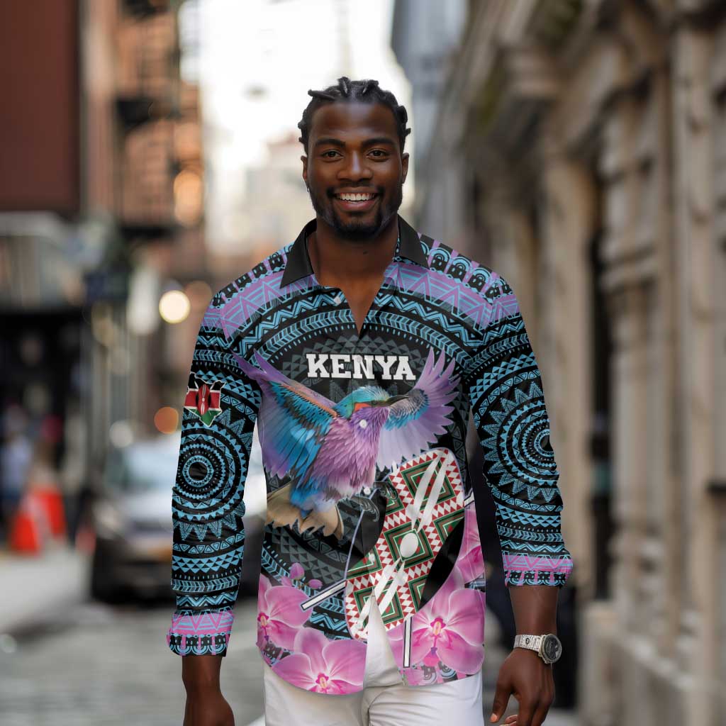 Personalised Kenya Lilac Breasted Roller Long Sleeve Button Shirt Orchid Flower - African Pattern