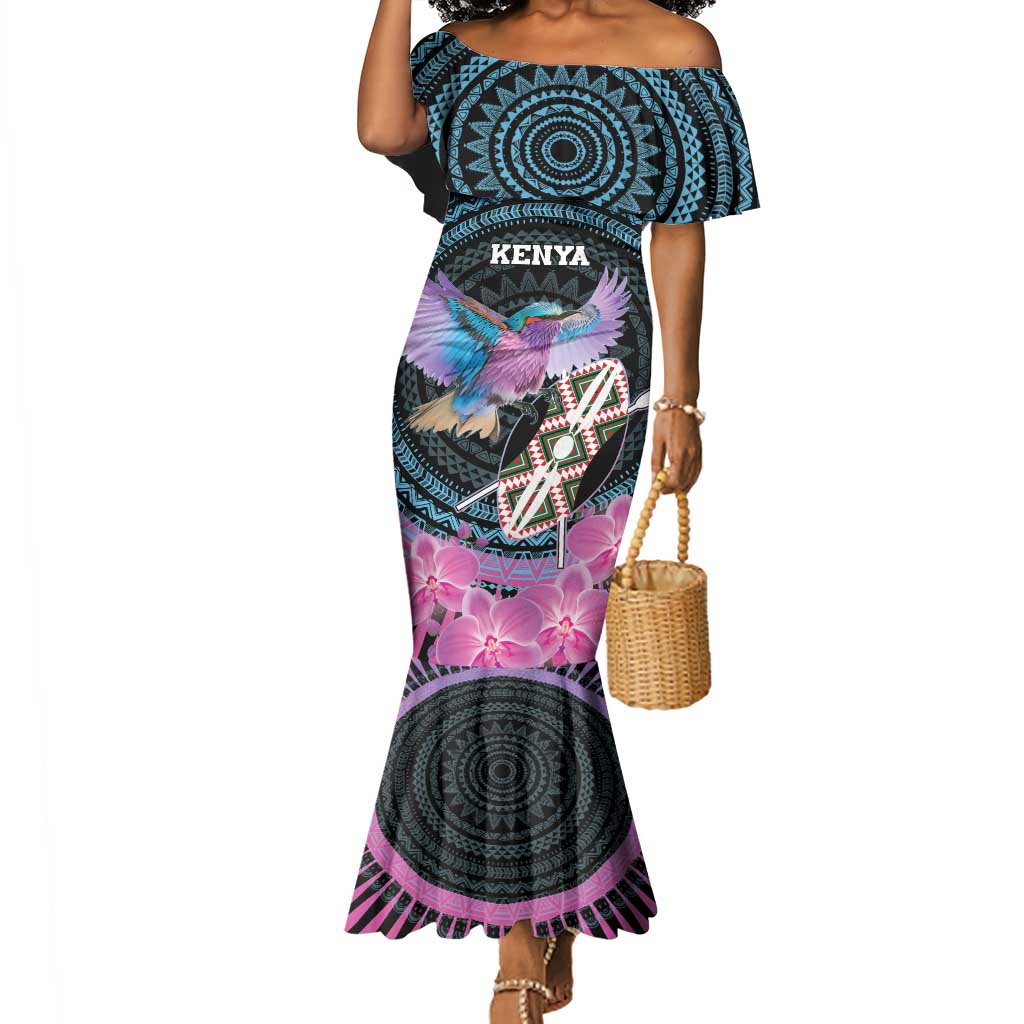 Personalised Kenya Lilac Breasted Roller Mermaid Dress Orchid Flower - African Pattern