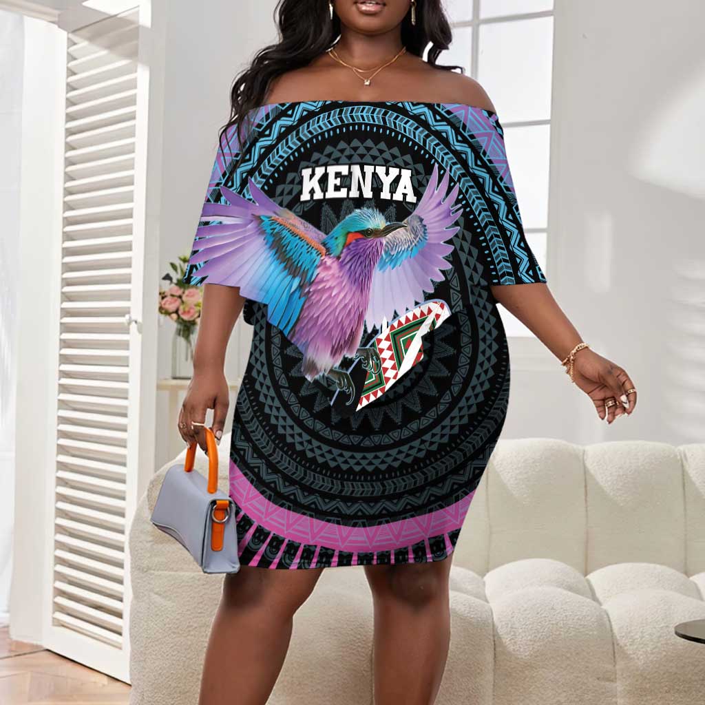 Personalised Kenya Lilac Breasted Roller Off Shoulder Short Dress Orchid Flower - African Pattern