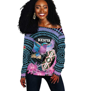 Personalised Kenya Lilac Breasted Roller Off Shoulder Sweater Orchid Flower - African Pattern