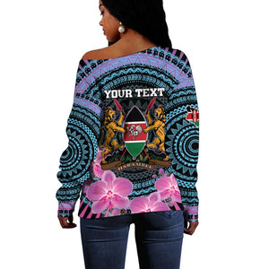 Personalised Kenya Lilac Breasted Roller Off Shoulder Sweater Orchid Flower - African Pattern