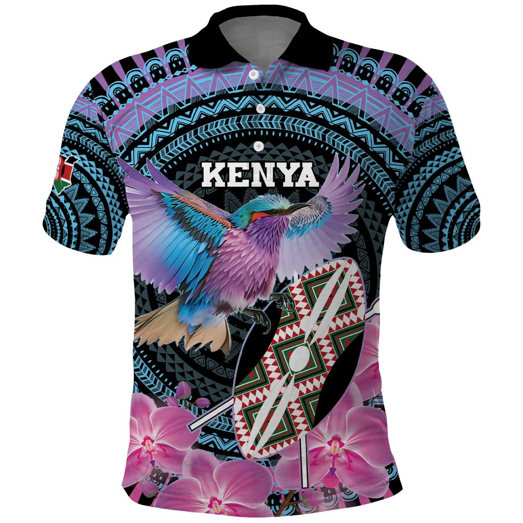 Personalised Kenya Lilac Breasted Roller Polo Shirt Orchid Flower - African Pattern