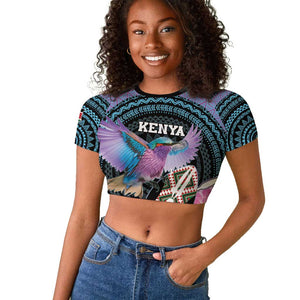 Personalised Kenya Lilac Breasted Roller Raglan Cropped T shirt Orchid Flower - African Pattern