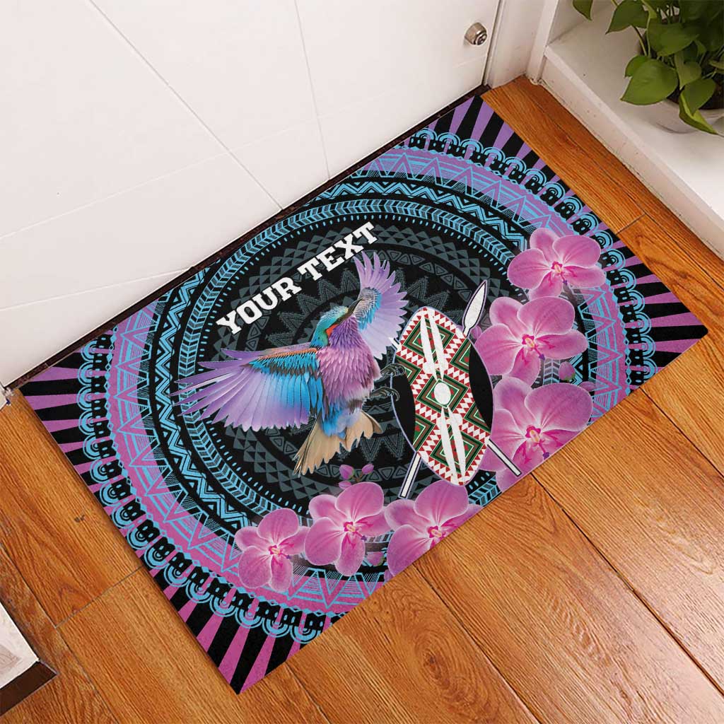 Personalised Kenya Lilac Breasted Roller Rubber Doormat Orchid Flower - African Pattern