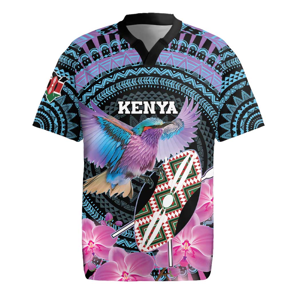 Personalised Kenya Lilac Breasted Roller Rugby Jersey Orchid Flower - African Pattern