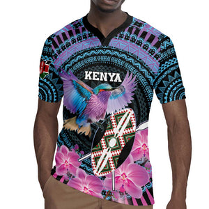 Personalised Kenya Lilac Breasted Roller Rugby Jersey Orchid Flower - African Pattern