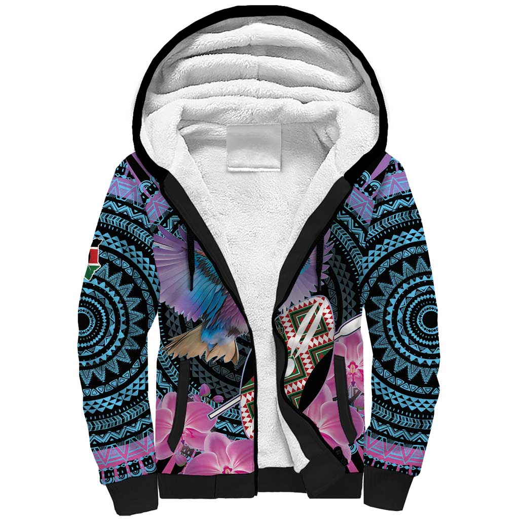 Personalised Kenya Lilac Breasted Roller Sherpa Hoodie Orchid Flower - African Pattern