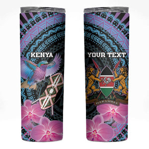 Personalised Kenya Lilac Breasted Roller Skinny Tumbler Orchid Flower - African Pattern