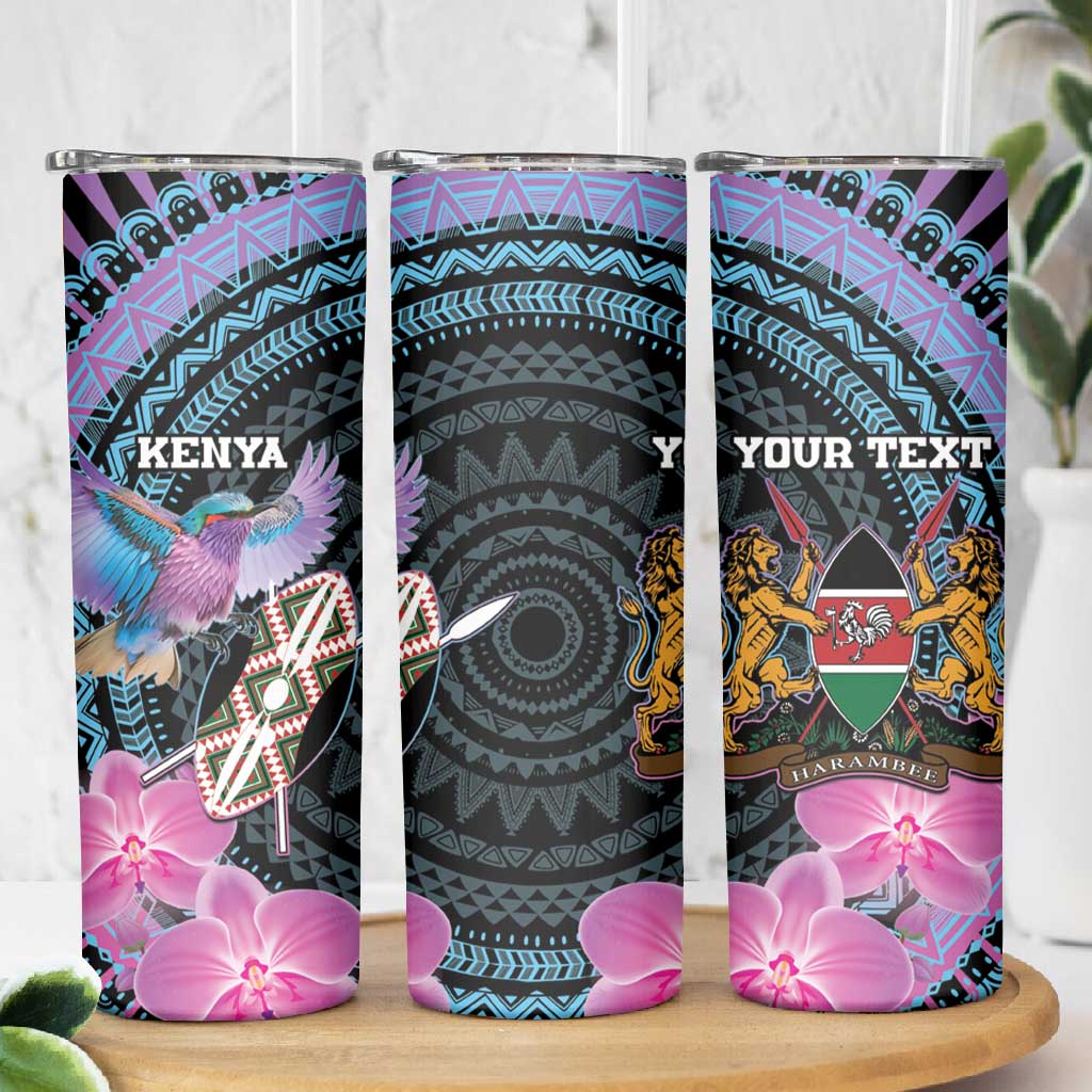 Personalised Kenya Lilac Breasted Roller Skinny Tumbler Orchid Flower - African Pattern