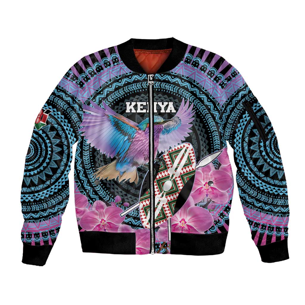 Personalised Kenya Lilac Breasted Roller Sleeve Zip Bomber Jacket Orchid Flower - African Pattern