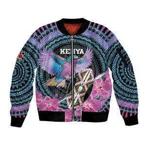 Personalised Kenya Lilac Breasted Roller Sleeve Zip Bomber Jacket Orchid Flower - African Pattern