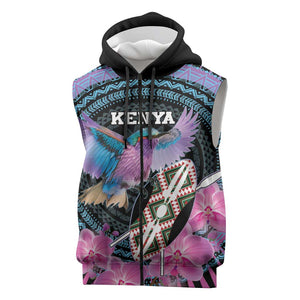 Personalised Kenya Lilac Breasted Roller Sleeveless Zip Hoodie Orchid Flower - African Pattern - African Pride