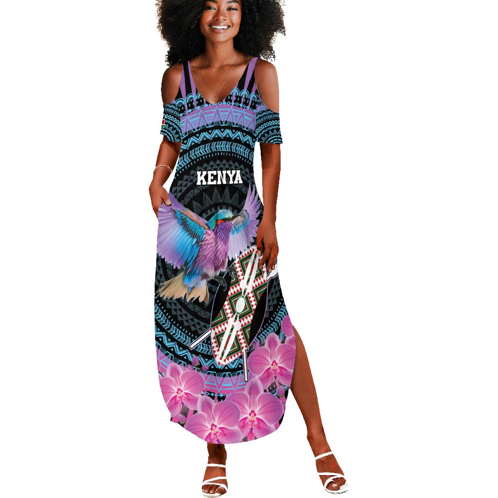 Personalised Kenya Lilac Breasted Roller Summer Maxi Dress Orchid Flower - African Pattern