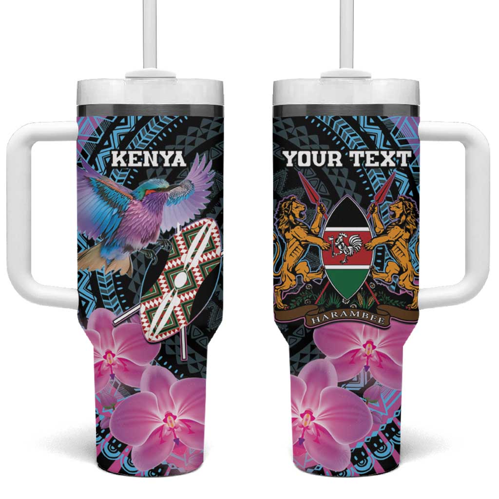 Personalised Kenya Lilac Breasted Roller Tumbler With Handle Orchid Flower - African Pattern