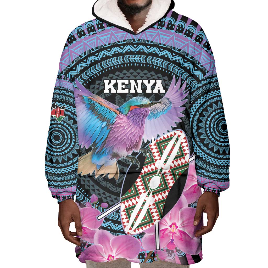 Personalised Kenya Lilac Breasted Roller Wearable Blanket Hoodie Orchid Flower - African Pattern