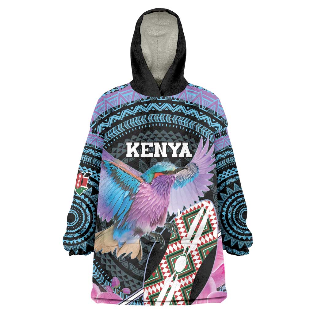 Personalised Kenya Lilac Breasted Roller Wearable Blanket Hoodie Orchid Flower - African Pattern