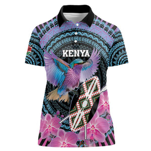 Personalised Kenya Lilac Breasted Roller Women Polo Shirt Orchid Flower - African Pattern