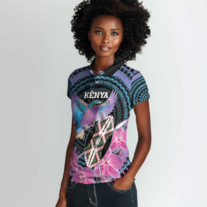 Personalised Kenya Lilac Breasted Roller Women Polo Shirt Orchid Flower - African Pattern