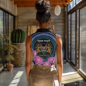 Personalised Kenya Lilac Breasted Roller Women Sleeveless Polo Shirt Orchid Flower - African Pattern