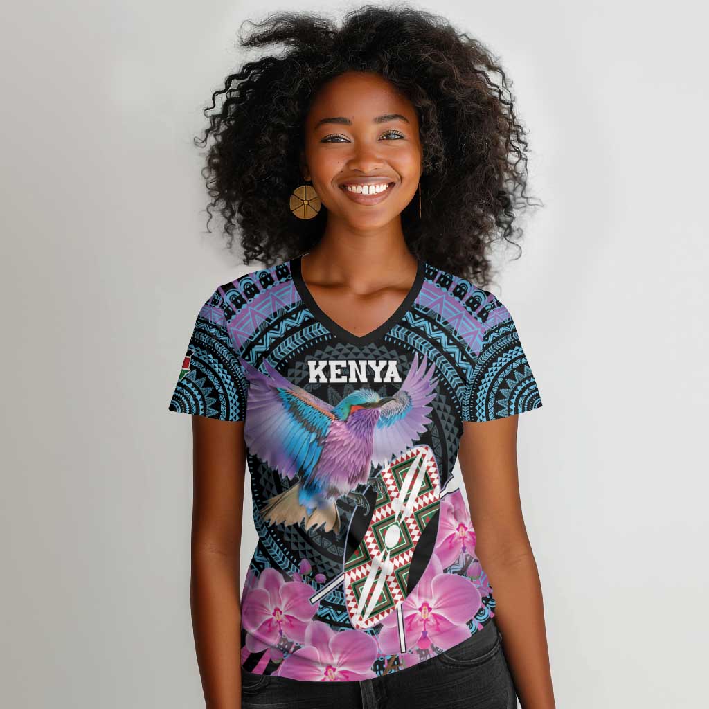 Personalised Kenya Lilac Breasted Roller Women V-Neck T-Shirt Orchid Flower - African Pattern