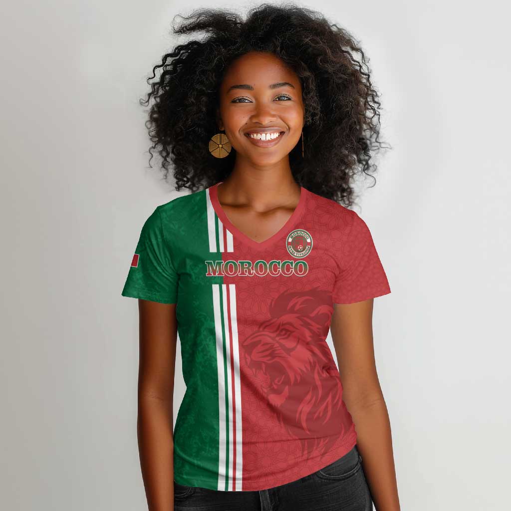 Custom Afro Morocco Football Women V-Neck T-Shirt With Islamic Pattern