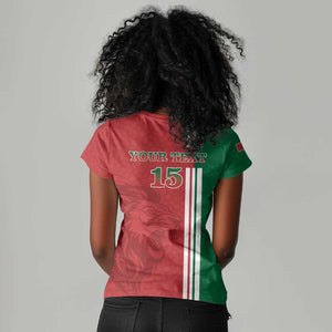 Custom Afro Morocco Football Women V-Neck T-Shirt With Islamic Pattern