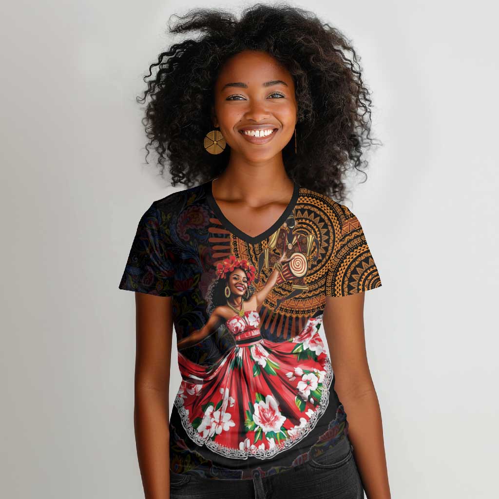 Ladies Sega Dance Women V-Neck T-Shirt Paisley Mix African Pattern