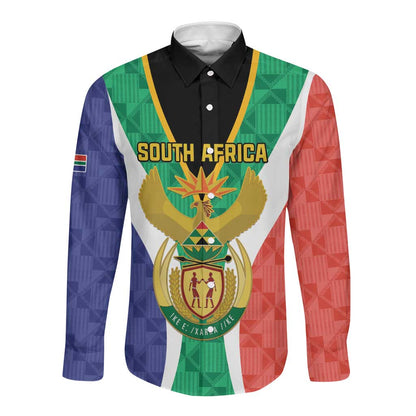 Personalised South Africa Long Sleeve Button Shirt Coat Of Arms Flag Style