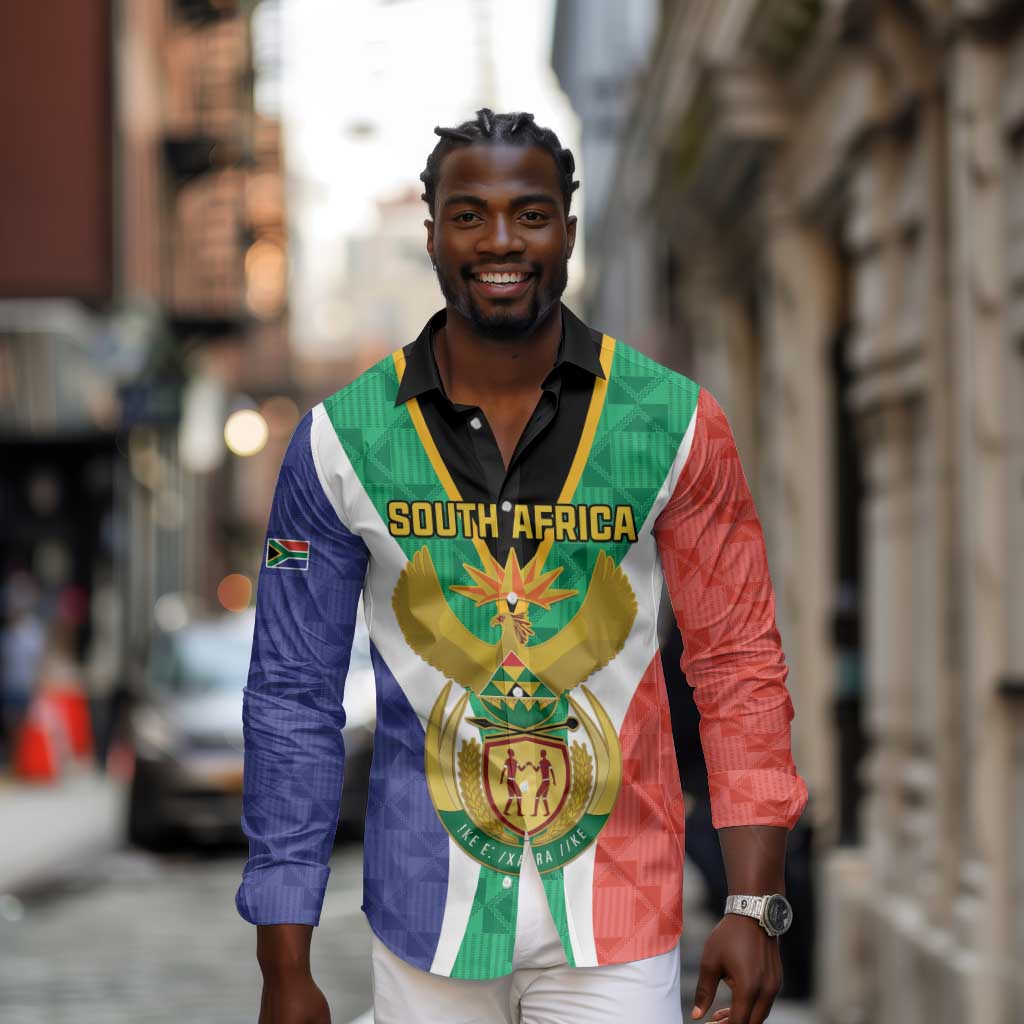 Personalised South Africa Long Sleeve Button Shirt Coat Of Arms Flag Style