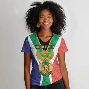 Personalised South Africa Women V-Neck T-Shirt Coat Of Arms Flag Style