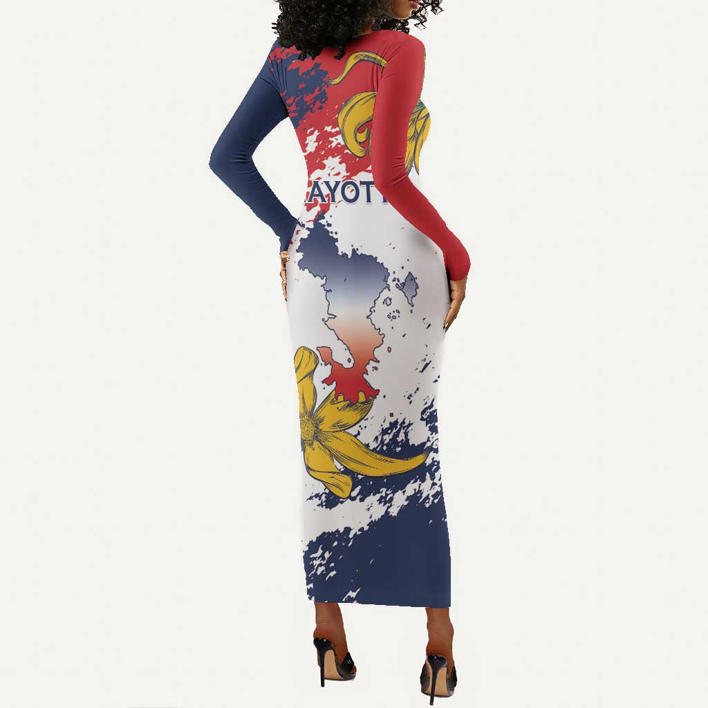 Département de Mayotte Long Sleeve Bodycon Dress Ra Hachiri 976 Map With Ylang Ylang LT15