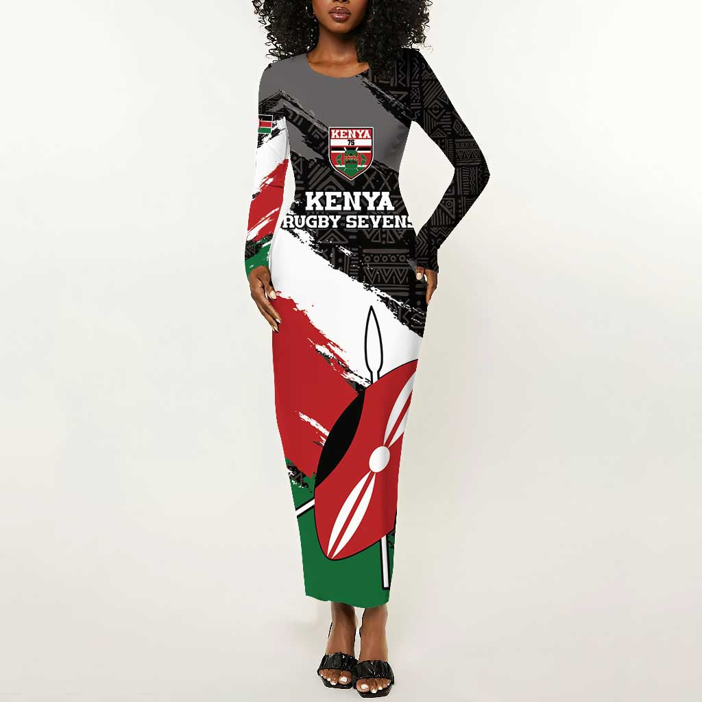 Custom Afro Kenya Long Sleeve Bodycon Dress Rugby Sevens - African Pattern