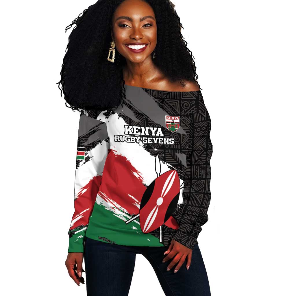 Custom Afro Kenya Off Shoulder Sweater Rugby Sevens - African Pattern