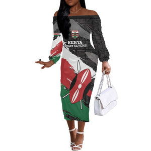 Custom Afro Kenya Off The Shoulder Long Sleeve Dress Rugby Sevens - African Pattern