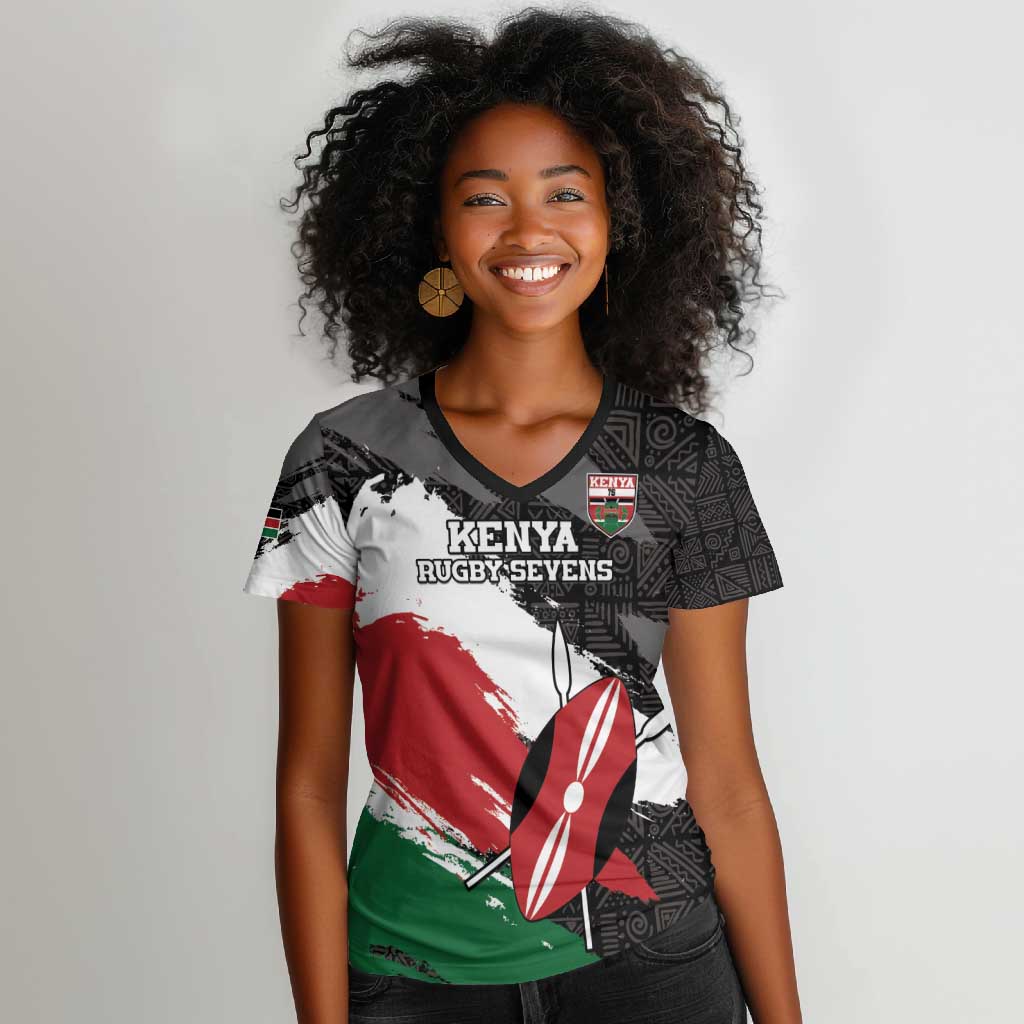 Custom Afro Kenya Women V-Neck T-Shirt Rugby Sevens - African Pattern