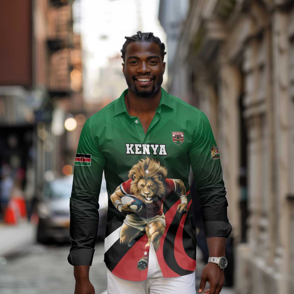 Kenya Rugby Custom Long Sleeve Button Shirt Simbas Mascot - Sporty Style