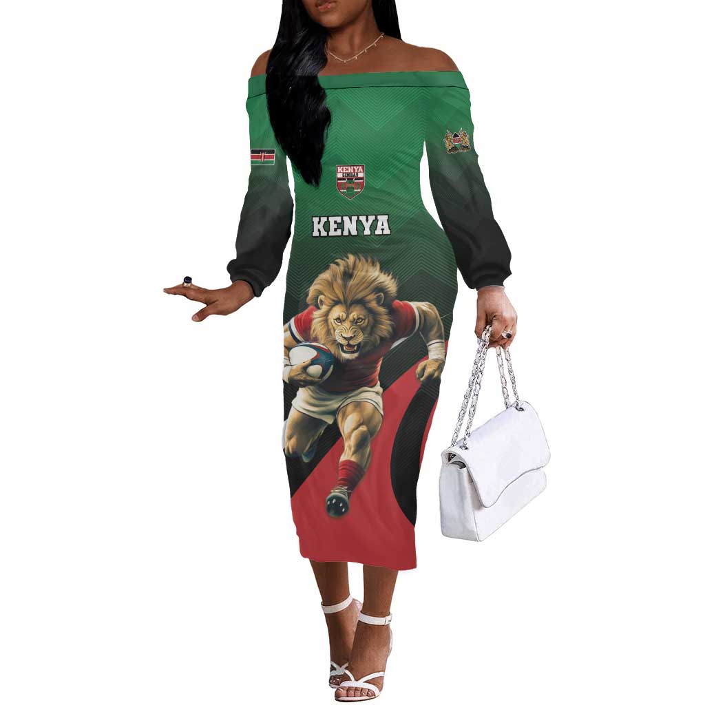 Kenya Rugby Custom Off The Shoulder Long Sleeve Dress Simbas Mascot - Sporty Style