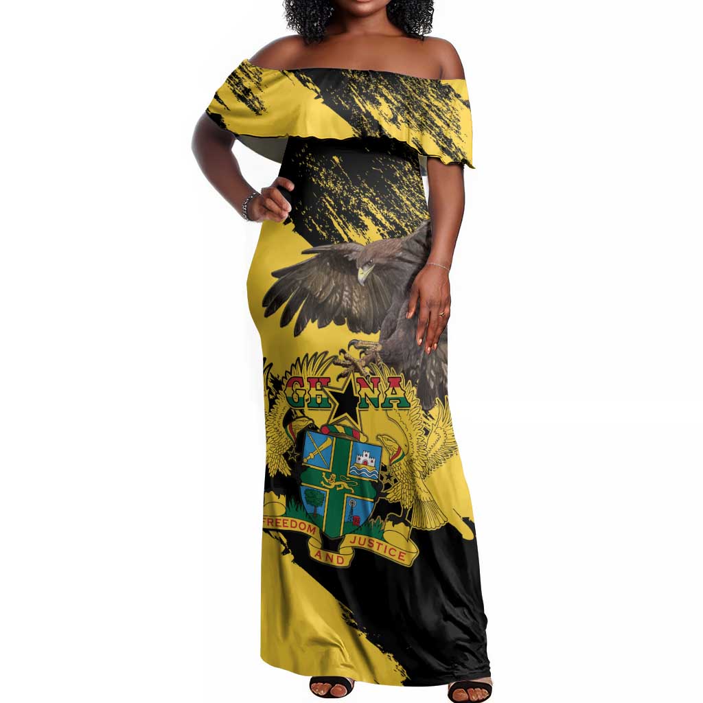 Afro Ghana Off Shoulder Maxi Dress Eagle With Coat Of Arms