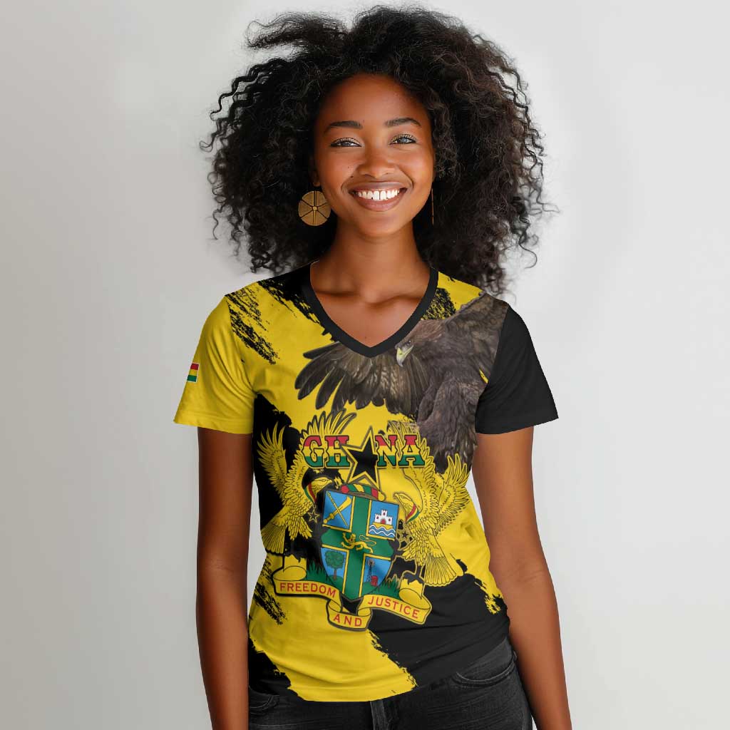 Afro Ghana Women V-Neck T-Shirt Eagle With Coat Of Arms