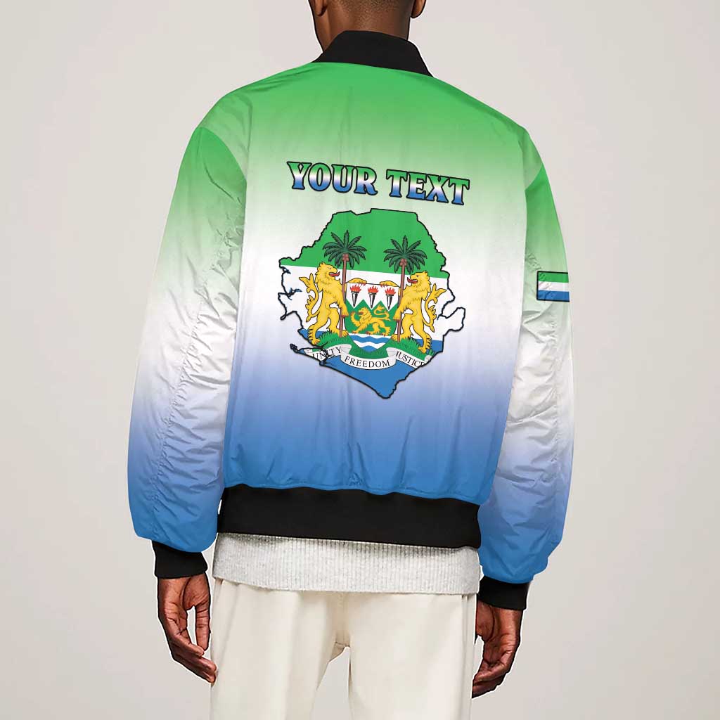 Personalised Sierra Leone Independence Day Sleeve Zip Bomber Jacket Coat Of Arms Flag Map