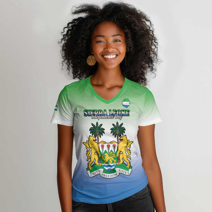 Personalised Sierra Leone Independence Day Women V-Neck T-Shirt Coat Of Arms Flag Map