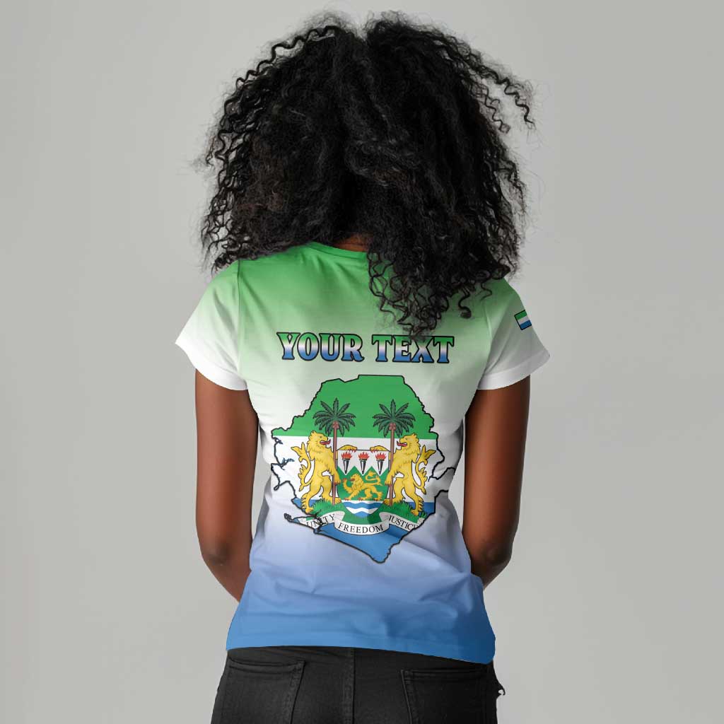 Personalised Sierra Leone Independence Day Women V-Neck T-Shirt Coat Of Arms Flag Map