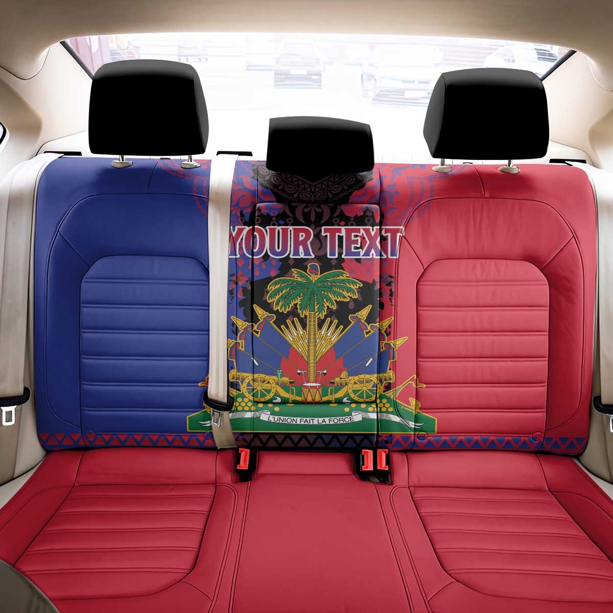 Personalised Haitian Heritage Month Back Car Seat Cover Coat Of Arms With Dashiki Pattern