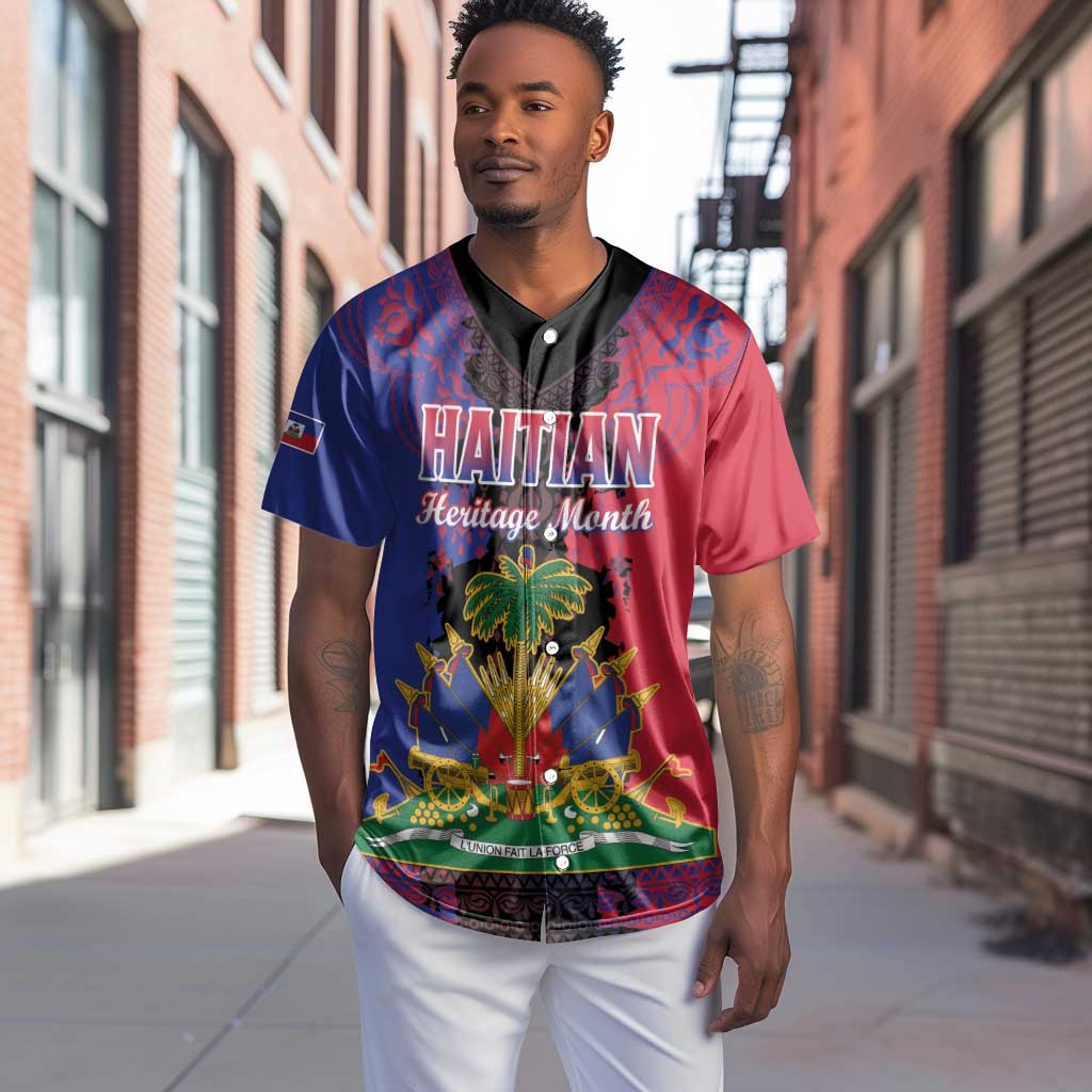 Personalised Haitian Heritage Month Baseball Jersey Coat Of Arms With Dashiki Pattern