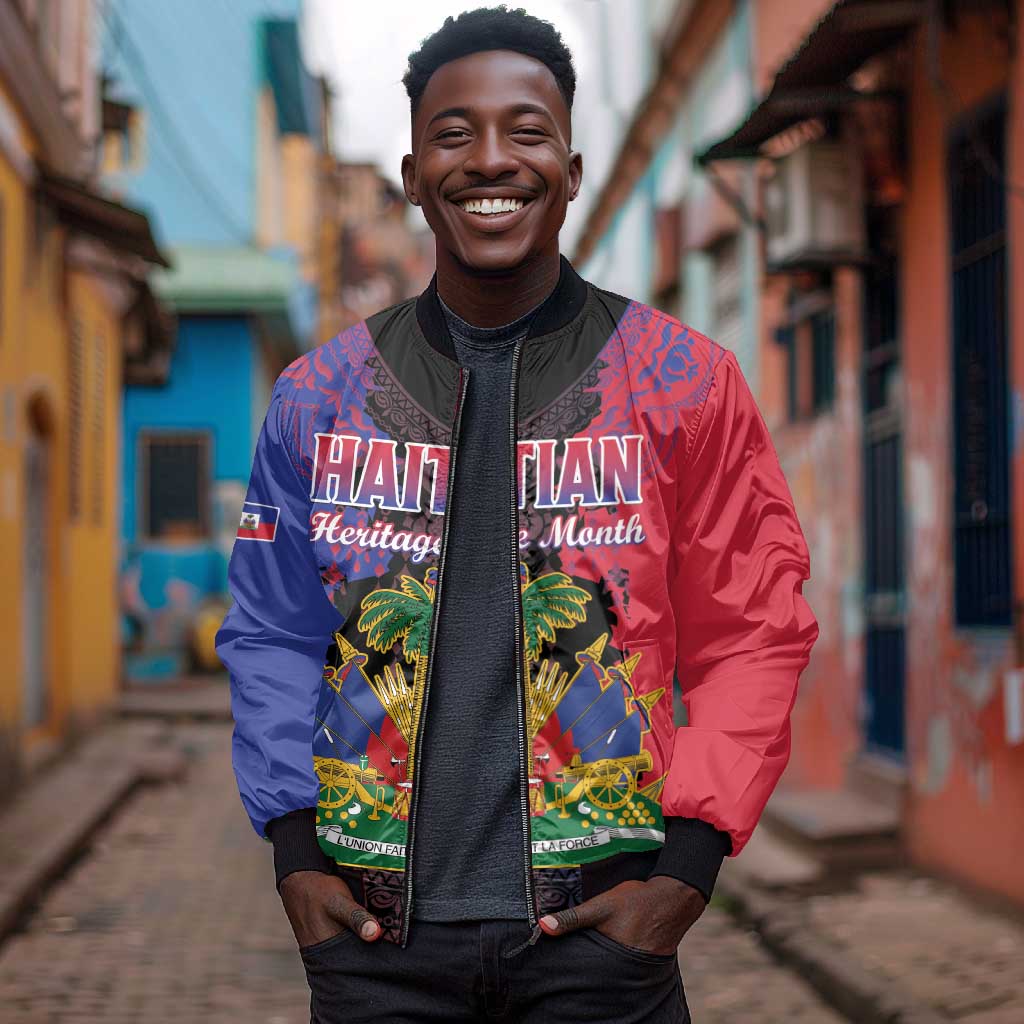 Personalised Haitian Heritage Month Bomber Jacket Coat Of Arms With Dashiki Pattern