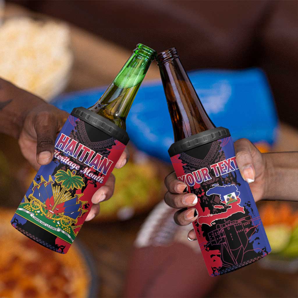 Personalised Haitian Heritage Month 4 in 1 Can Cooler Tumbler Coat Of Arms With Dashiki Pattern