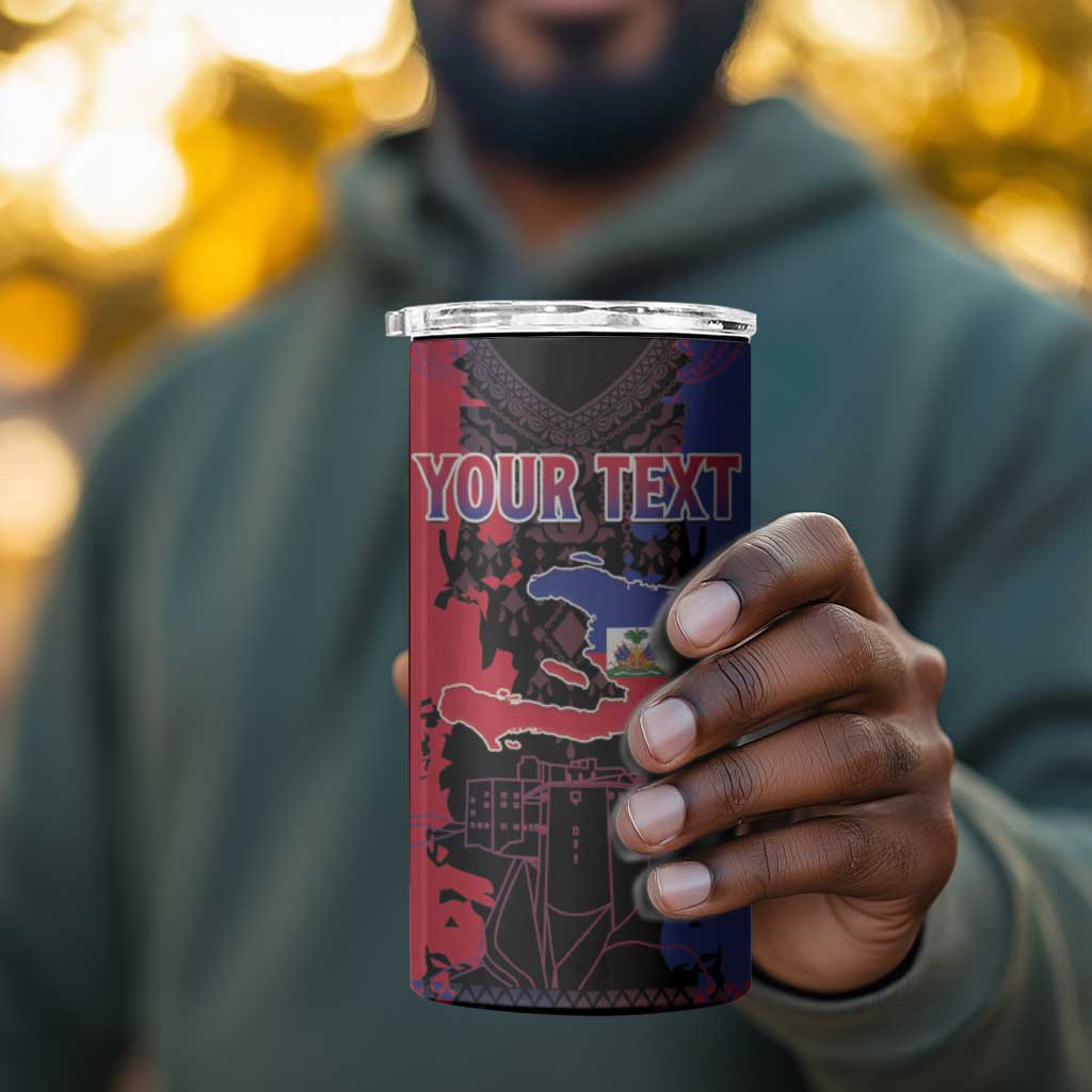 Personalised Haitian Heritage Month 4 in 1 Can Cooler Tumbler Coat Of Arms With Dashiki Pattern